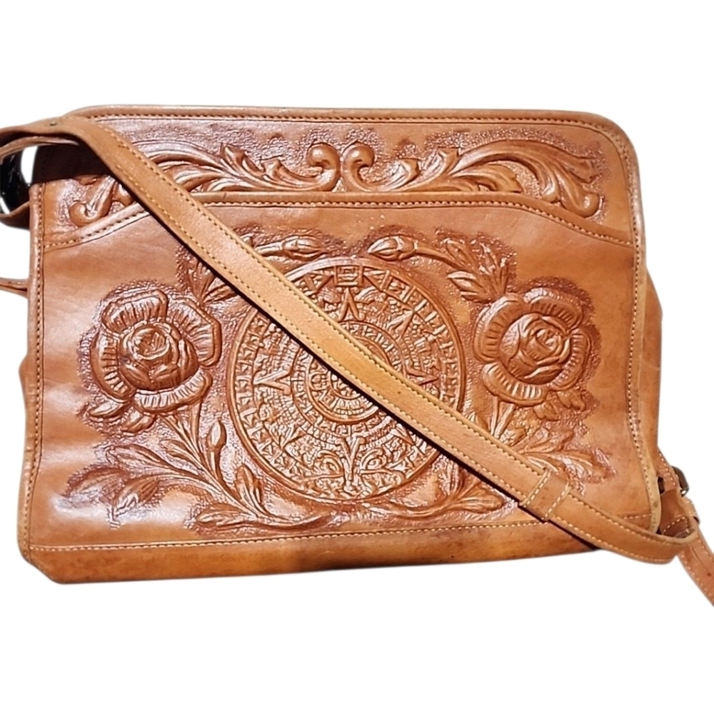 Vintage Mont-Abur Mexican Tooled Leather Purse Aztec Embriodered - Picture 2 of 8